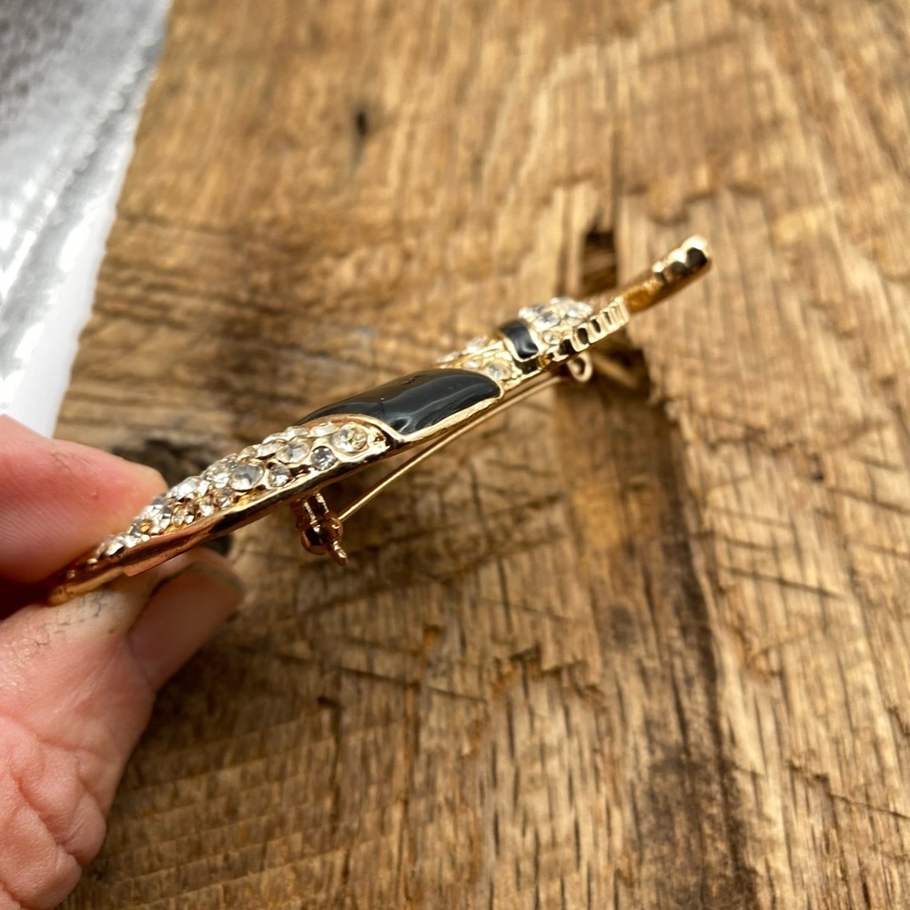 Trunks Up Elephant Good Luck Black Enamel & Rhinestone Brooch Pin - Picture 3 of 4